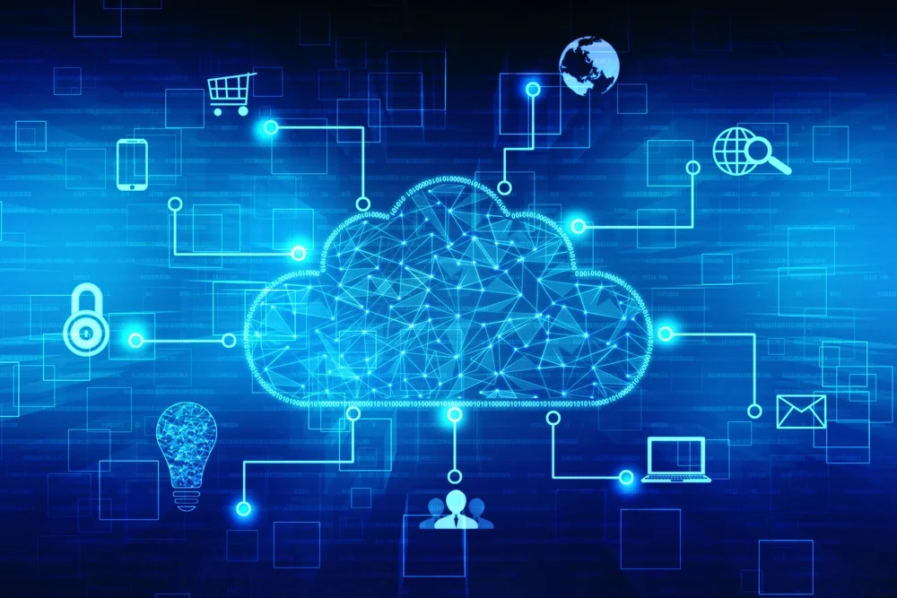 2d rendering of the concept of cloud computing on a blue background
