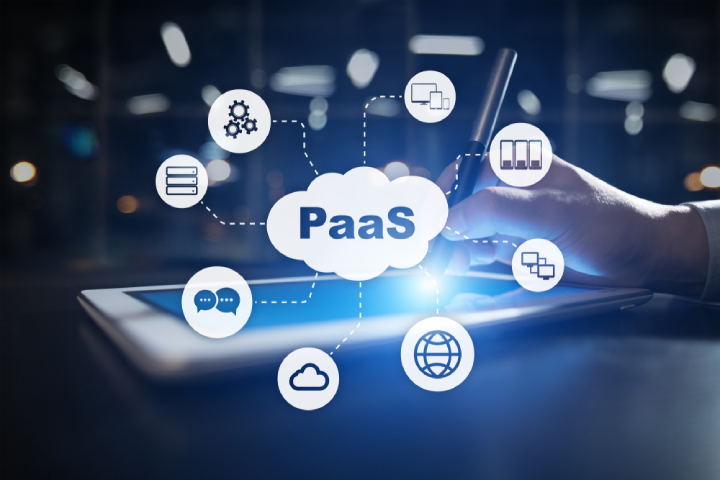 Virtual screen with a infographic bubble with "PaaS" at the core