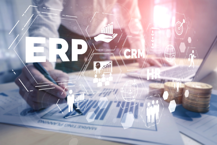A business's various departments are connected by virtual lines under the control of ERP