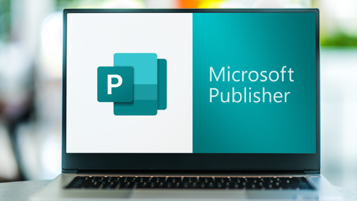 Laptop computer displaying logo of Microsoft Publisher, a desktop publishing application, part of the Office family software and services developed by Microsoft