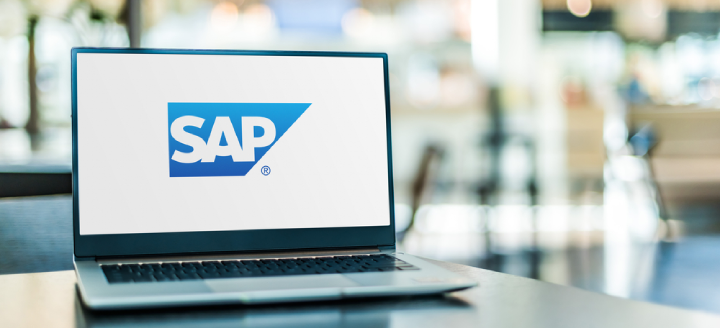 Laptop computer displaying logo of SAP, a German multinational software corporation that makes enterprise software to manage business operations and customer relations