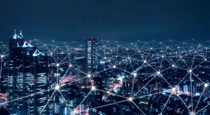 Telecommunications web upon a city, symbolising 4G and 5G connectivity