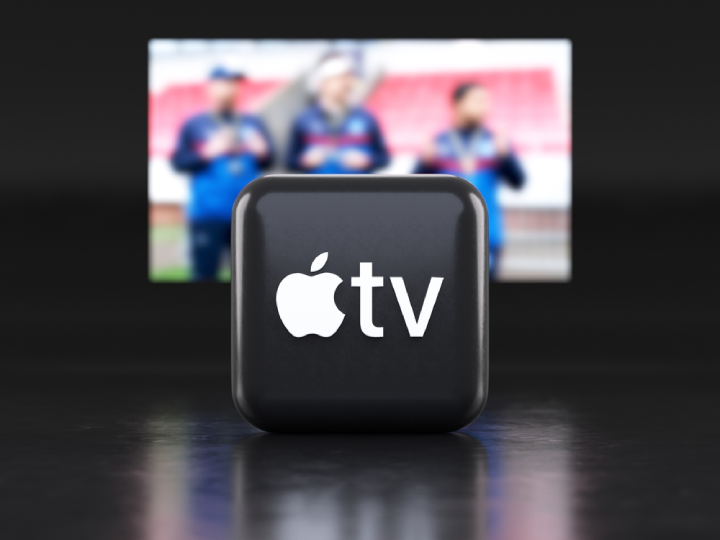 Apple TV app logo in front of a TV screen, icon in 3D illustration. Apple TV is a global provider of streaming movies and TV series