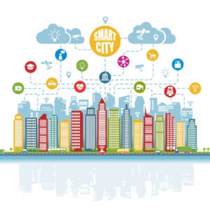 Smart city with advanced intelligent services, and augmented reality, social networks, Internet of things, icons