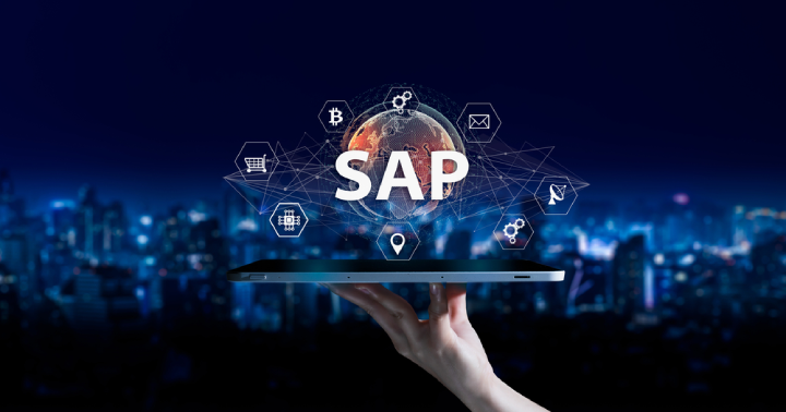 SAP's logo held by a hand on a virtual background
