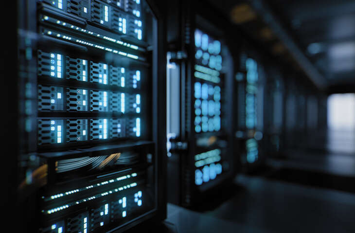 UK heatwave could affect datacentres. Image shows supercomputer inside a server room data center for cloud computing - stock photo A large hallway with supercomputers inside a server room data center. Technology used for cloud computing and network security.