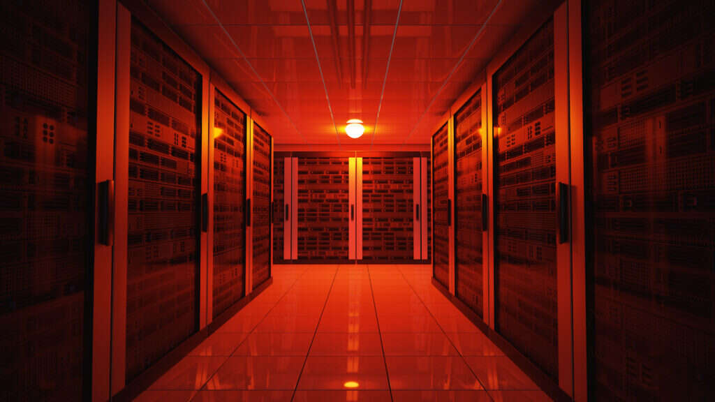 NHS data centre. Images shows Blackout concept. Emergency failure red light in data center with servers. 3D rendered illustration. - stock photo
