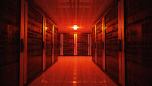Blackout concept. Emergency failure red light in data center with servers. 3D rendered illustration. - stock photo