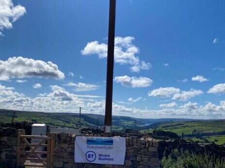 Image of a 4G mast with a sign saying Yorkshire Water and BT Means Business.