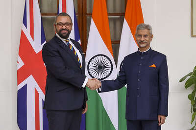 28/02/2023. New Delhi, India. The Foreign Secretary, James Cleverly has met with the Indian Minister of External Affairs, Dr. Subrahmanyam Jaishankar for a Bilateral meeting. Picture by Rory Arnold / No 10 Downing Street