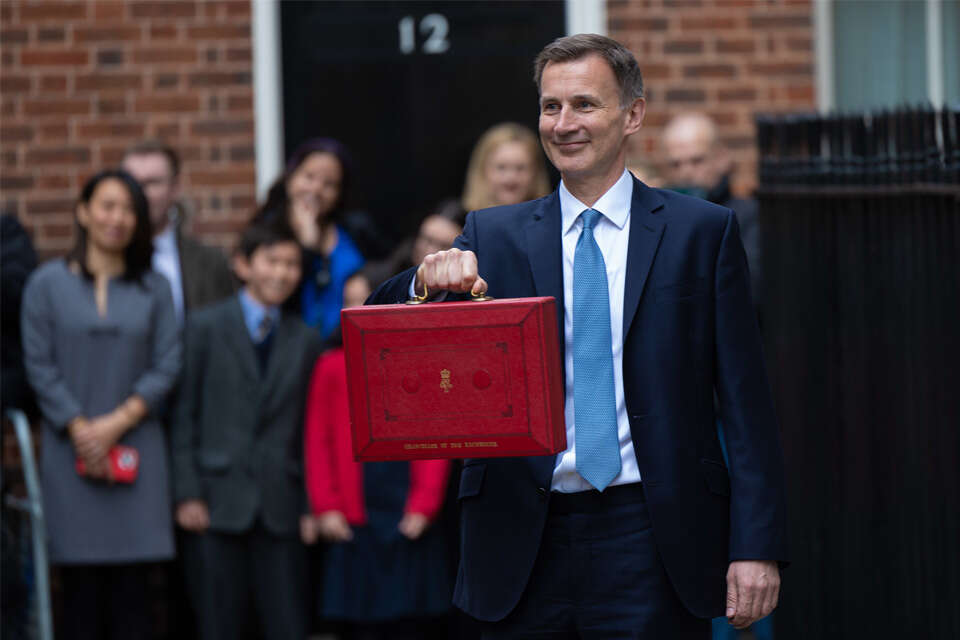 Spring Budget 2023. Image shows Jeremy Hunt, Chancellor, with the red box.
