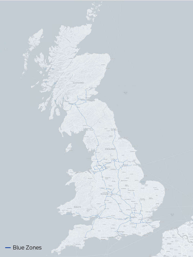 A map showing the 'Blue Zones' which are motorways in the UK where Ford's BlueCruise partial autonomous vehicles can be used. 