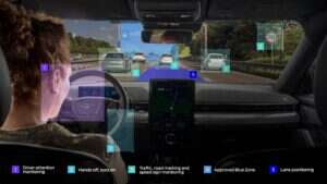 Partial autonomous vehicle screen, showing how the Ford BlueCruise autonomous technology works.