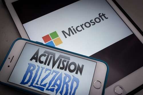 Image of Activision Blizzard and Microsoft logos on mobile devices.