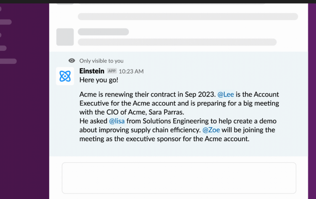 Salesforce says Slack is now an AI platform that can work with any natural language chatbot or large language model including EinsteinGPT (Photo: Salesforce)