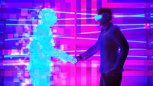 A physical and digital version of a man wearing a VR headset. 