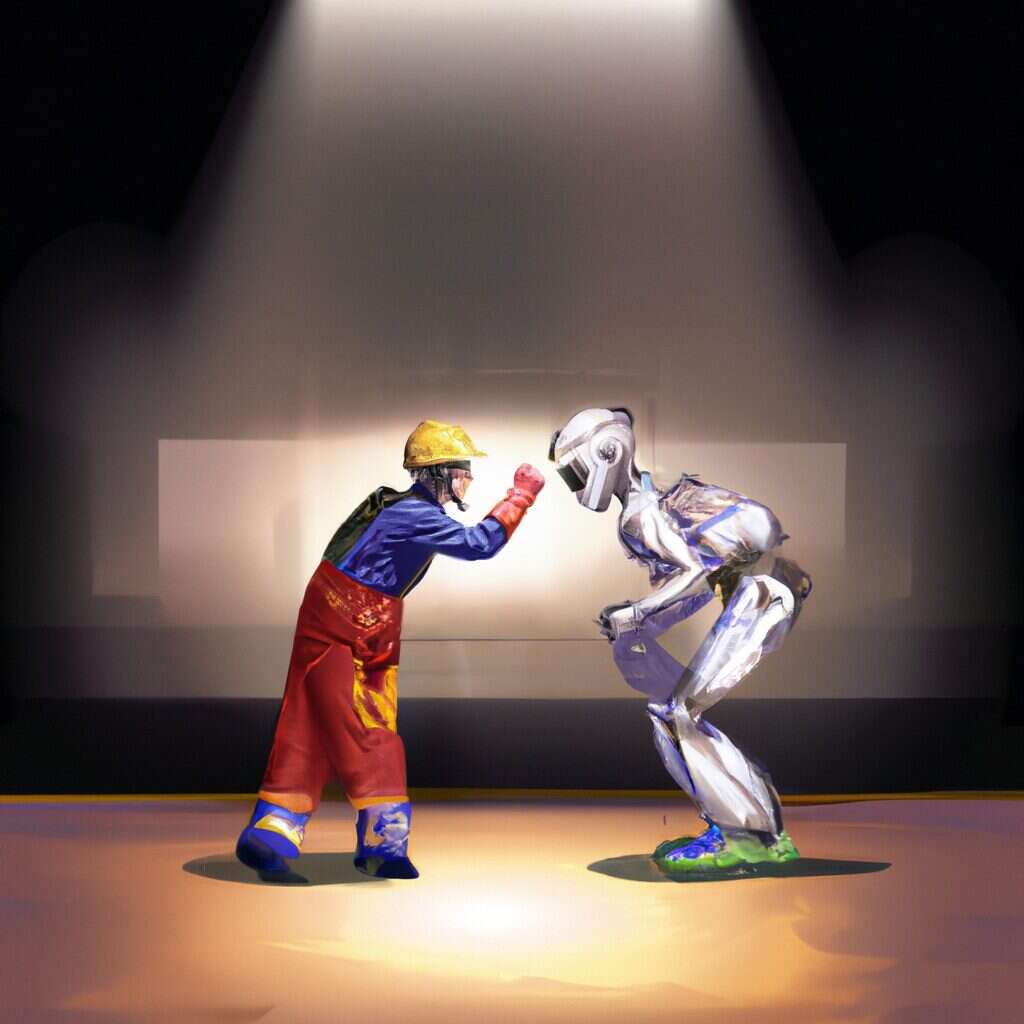 A worker in a hard hat raises his fist at a robot, representing AI