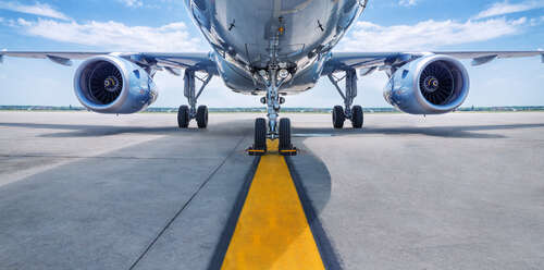 An image of an aircraft on a runway. 