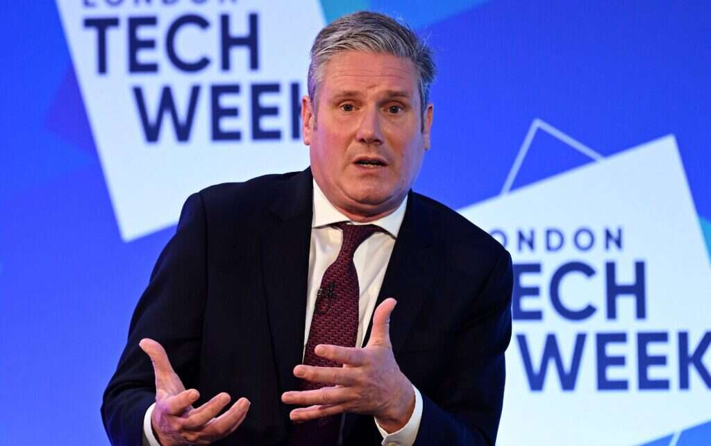 Sir Keir Starmer on stage to deliver Labour's pitch on technology governance at London Tech Week in June, 2023. 