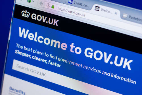 An image of the GOV.UK website, with "Welcome to GOV.UK"  in the banner. 