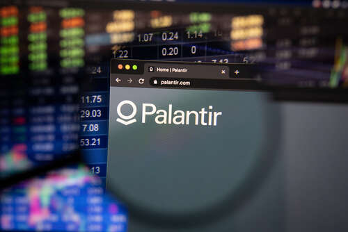 An image of a database and a web browser window saying "Palantir" and showing its logo. It is under a magnifying glass. 