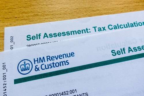 An image of a self assessment tax calculation form and HMRC logo at the top.