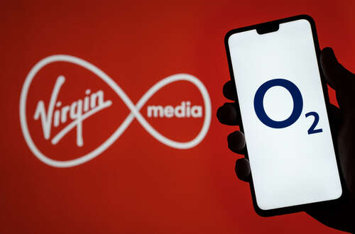 An image of the Virgin Media logo and the O2 logo on a smartphone. 
