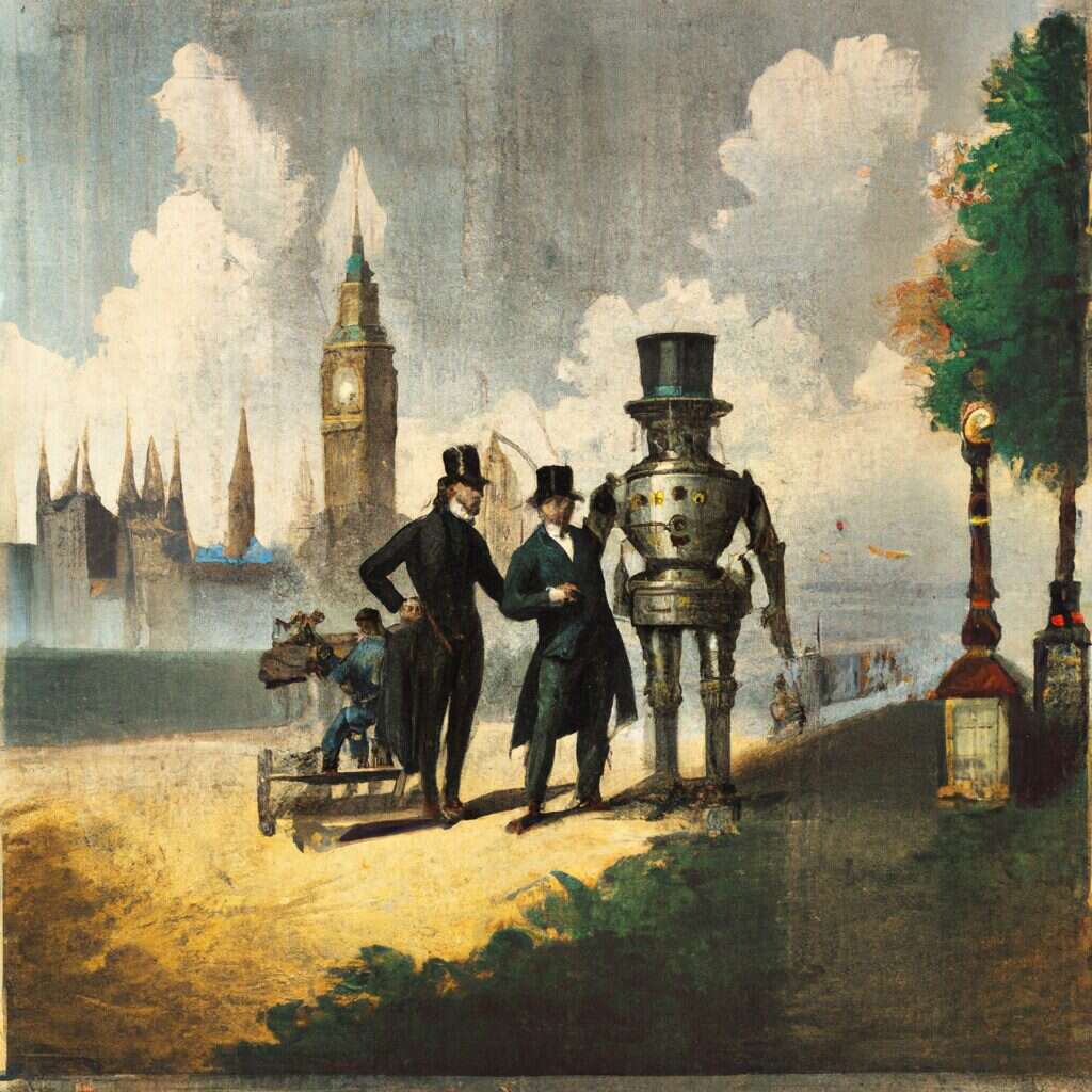 A faux-19th century cartoon of a politician meeting an AI mover and shaker.