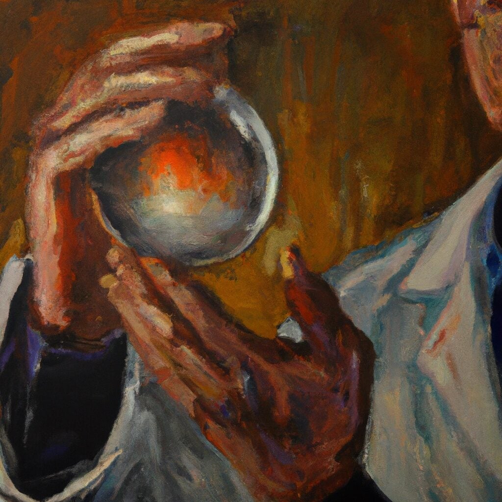 An AI-generated picture in the style of an oil painting of a doctor holding a Palantir.