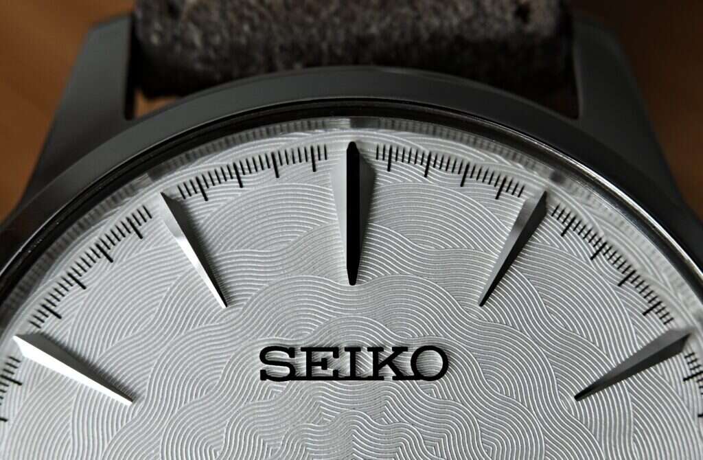 A close-up of a Seiko-manufactured wristwatch.