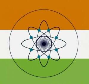 The Indian flag, its traditional central wheel and spoke symbol replaced with a representation of the atom.