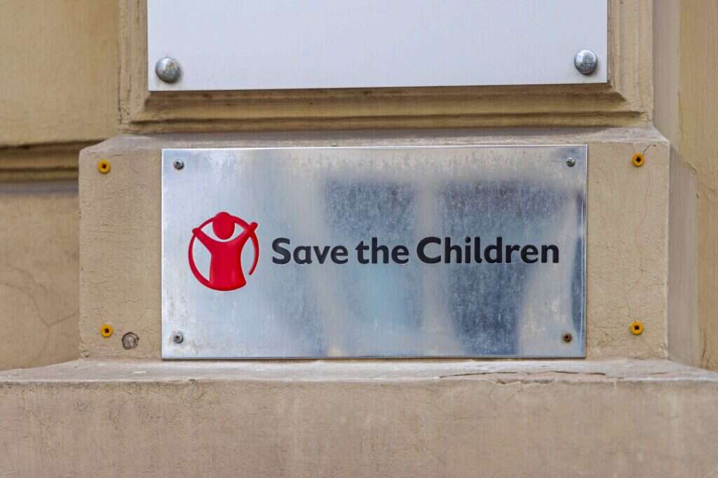 The plaque mounted outside the offices of Save the Children, London. 