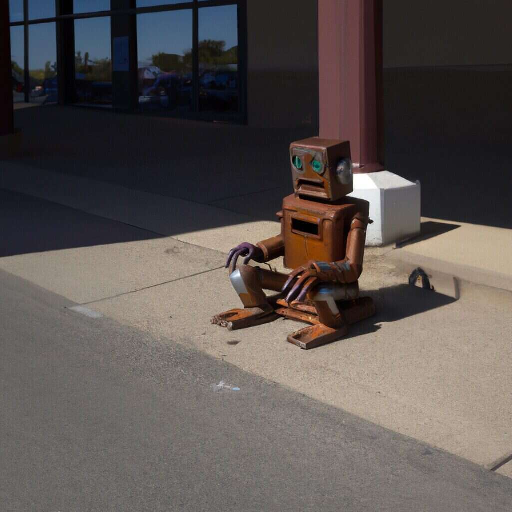 An image of a rusty robot sitting on a sidewalk, representative of the purported decline of generative AI. 