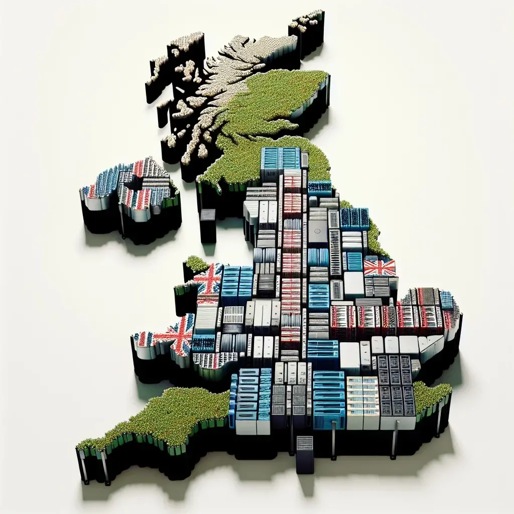 An AI-generated image of the UK built out of cloud servers, a metaphor for this country's reliance on cloud services.