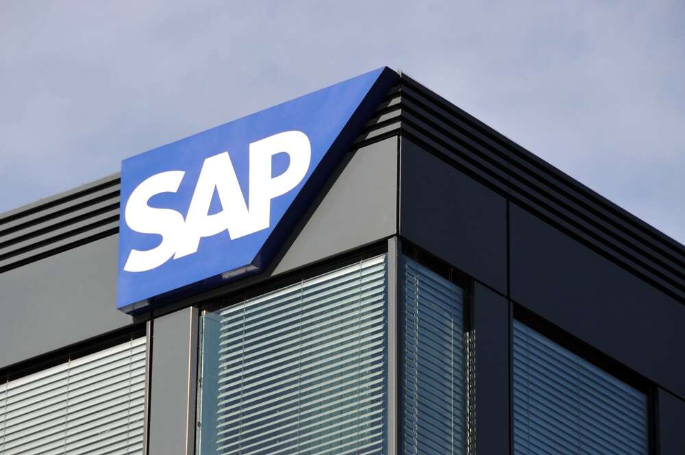 The SAP logo atop one of its office buildings in Hamburg, used in a story about the SAP restructuring effort announced on January 24th 2024. 