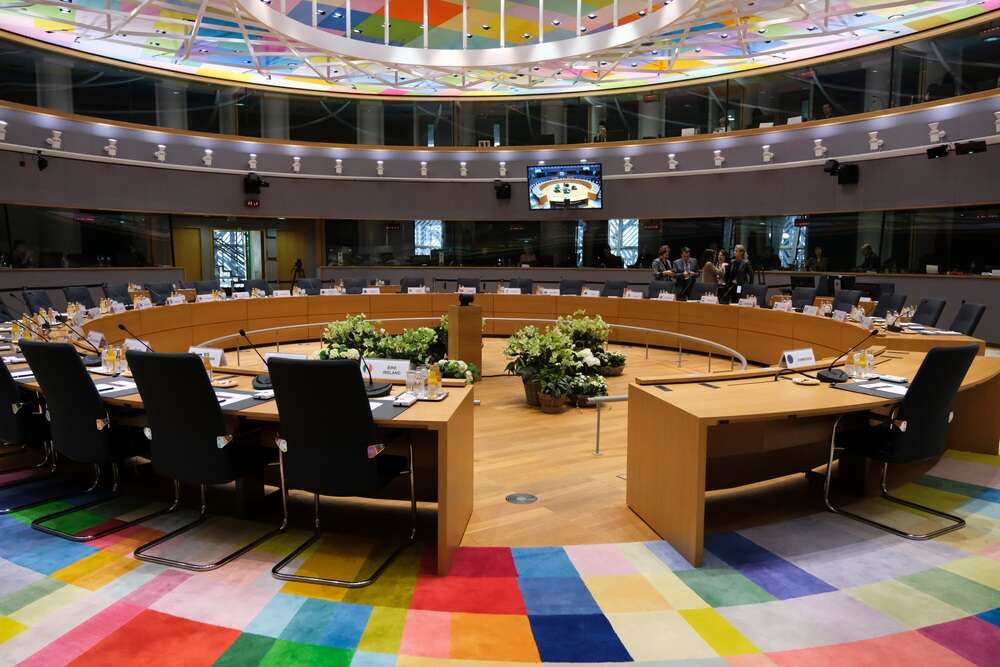 The interior of the EU Council plenary room, used to illustrate an article about a leaked version of the EU AI Act.