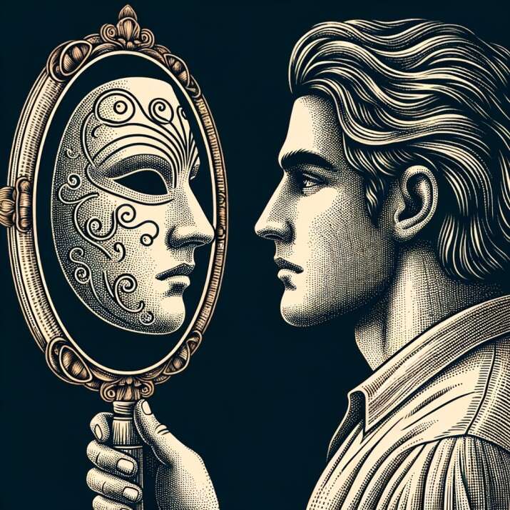 A man observing a masked reflection of himself in a hand mirror, used to illustrate a story about deepfake detection.