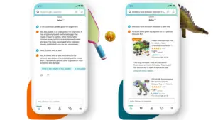 Two images of the Amazon Rufus AI assistant in action on mobile devices.