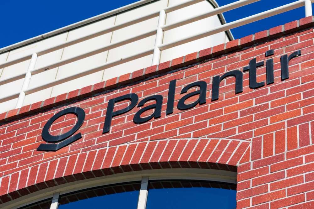 The logo of Palantir on a building in Palo Alto, California, used to illustrate a story about Palantir share price.