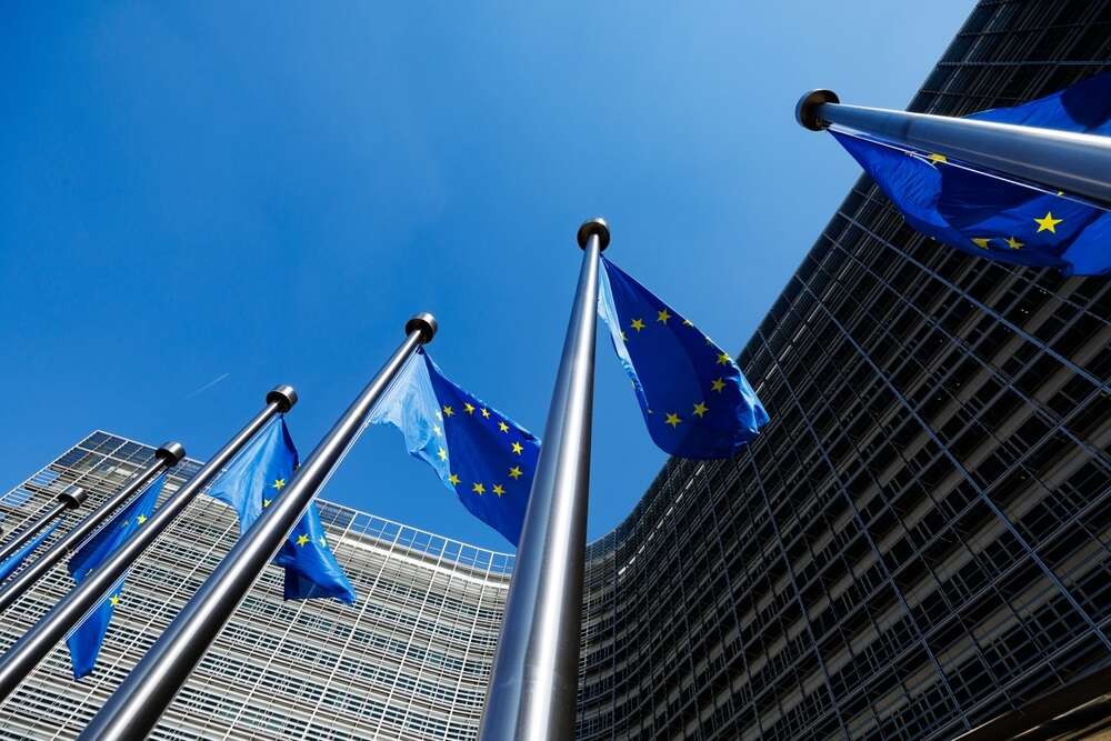 A photo of EU flags, used to illustrate a story about the EU AI Act.