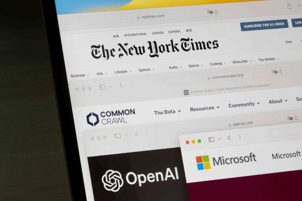 AI lawsuits: A screen showing the New York Times and AI companies websites
