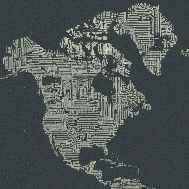 An AI-generated political map of North America, overlaid with microchips.