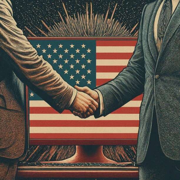 An AI-generated image of two men shaking hands in front of a computer screen, used to illustrate a story about the creation of the new US AI Safety  Institute Consortium.