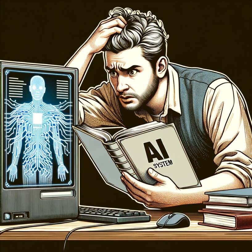 An AI-generated image of a frustrated IT professional, used to illustrate a story about a new BCS report calling for a new public register for AI professionals.