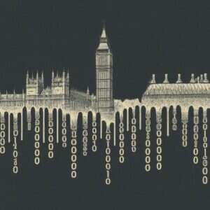 An AI-generated image of the UK Houses of Parliament dripping binary code, used to illustrate an op-ed about UK tech startups.