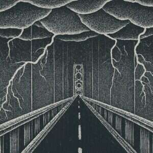 An AI-generated image of a bridge during a thunderstorm, used to illustrate a story about predictive maintenance.