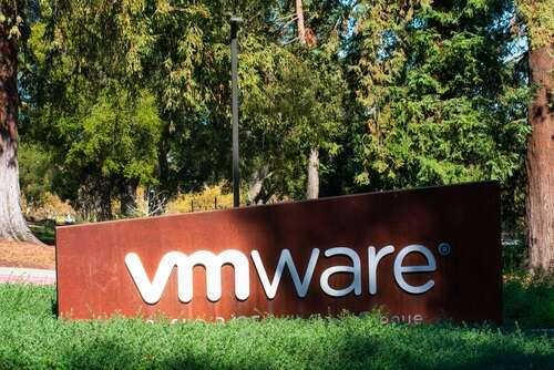 The rusting VMware logo outside its corporate headquarters, used to illustrate a story about Broadcom.