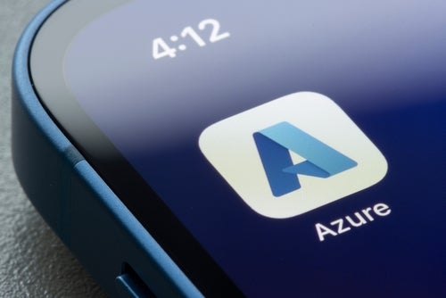 A photo of the Microsoft Azure logo on a smartphone screen, used to illustrate a story about Microsoft cloud revenues.