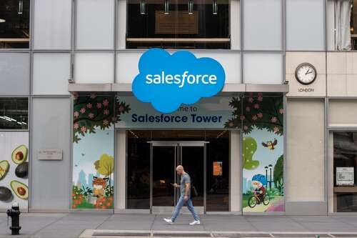 A photo of the entrance to Salesforce Tower in New York, used to illustrate a story about the abortive takeover bid by Salesforce for Informatica.