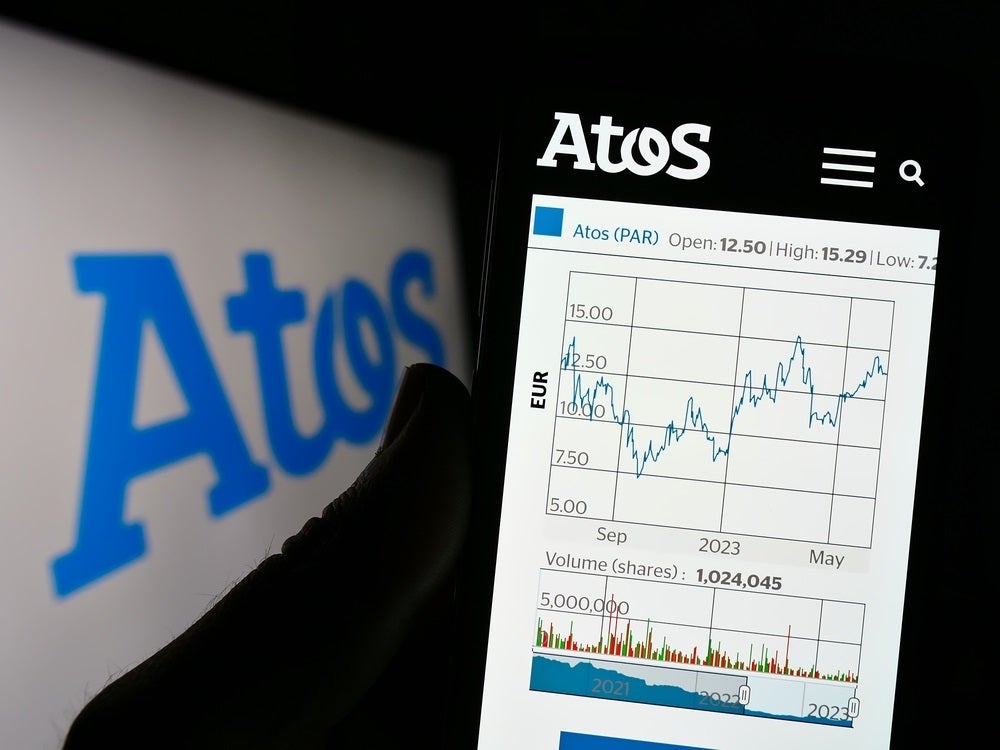 A photo of the Atos logo and a smartphone screen showing a line graph showing Atos market performance.